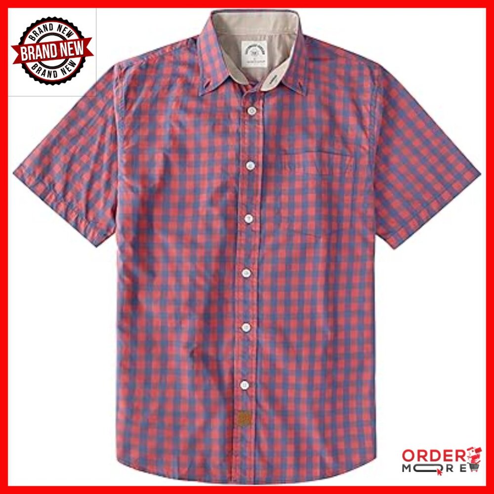 Men's Short Sleeve Button Down Shirt 100% Cotton Plaid Regular Fit